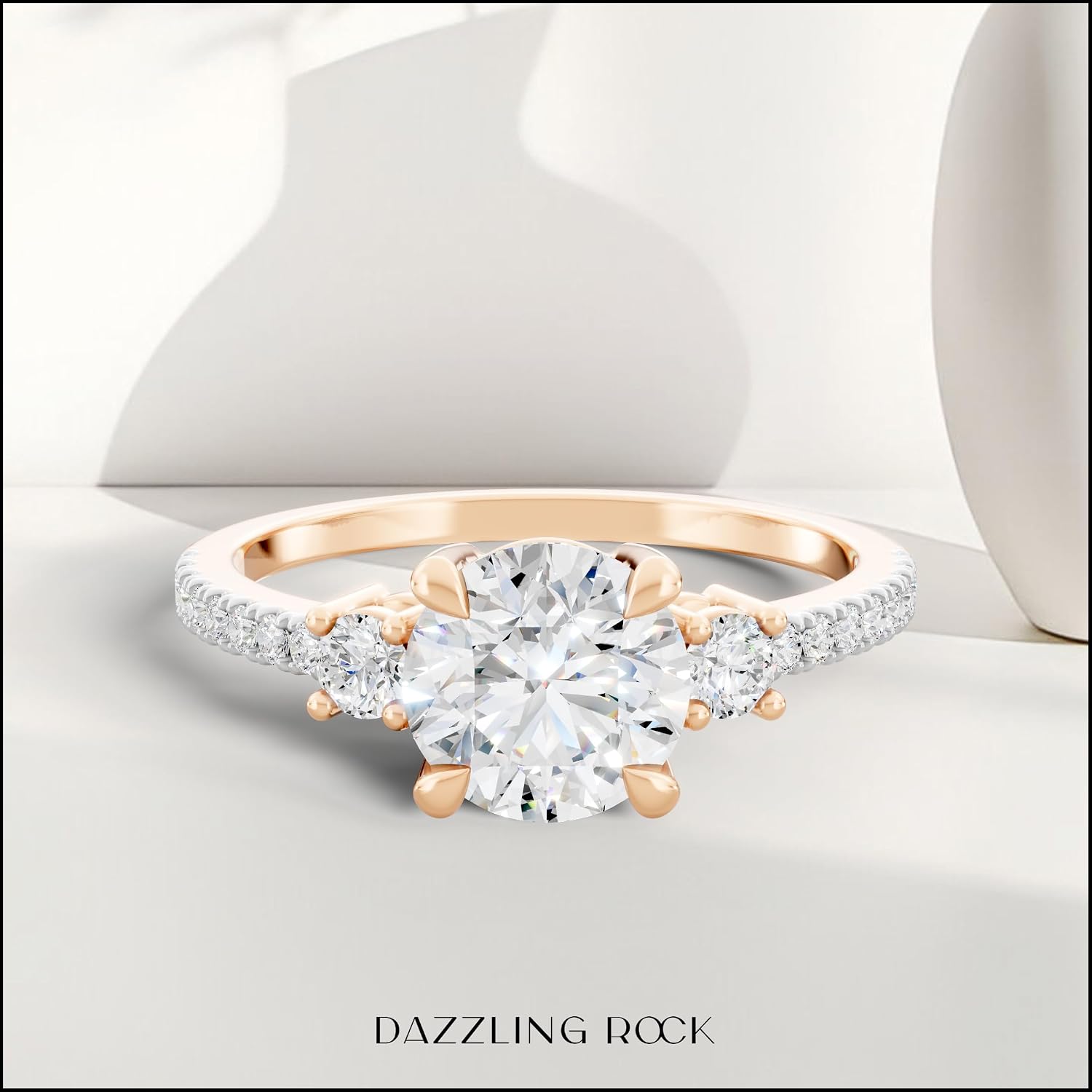 Round Lab Grown White Diamond Classic Three Stone Engagement Ring for Women in 10K Solid Gold