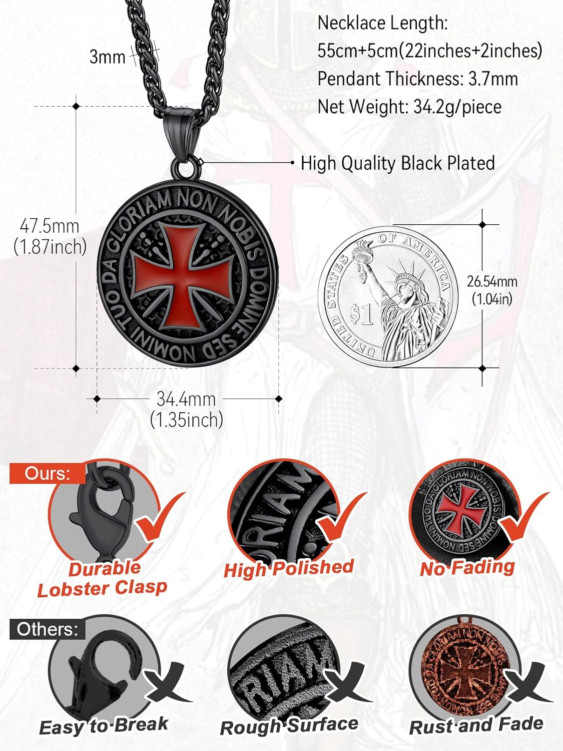 FaithHeart Knights Templar Necklace for Men, Christian Necklace for Men Stainless Steel Pendant Neckalces Christian Gifts with Gift Box - Image 6