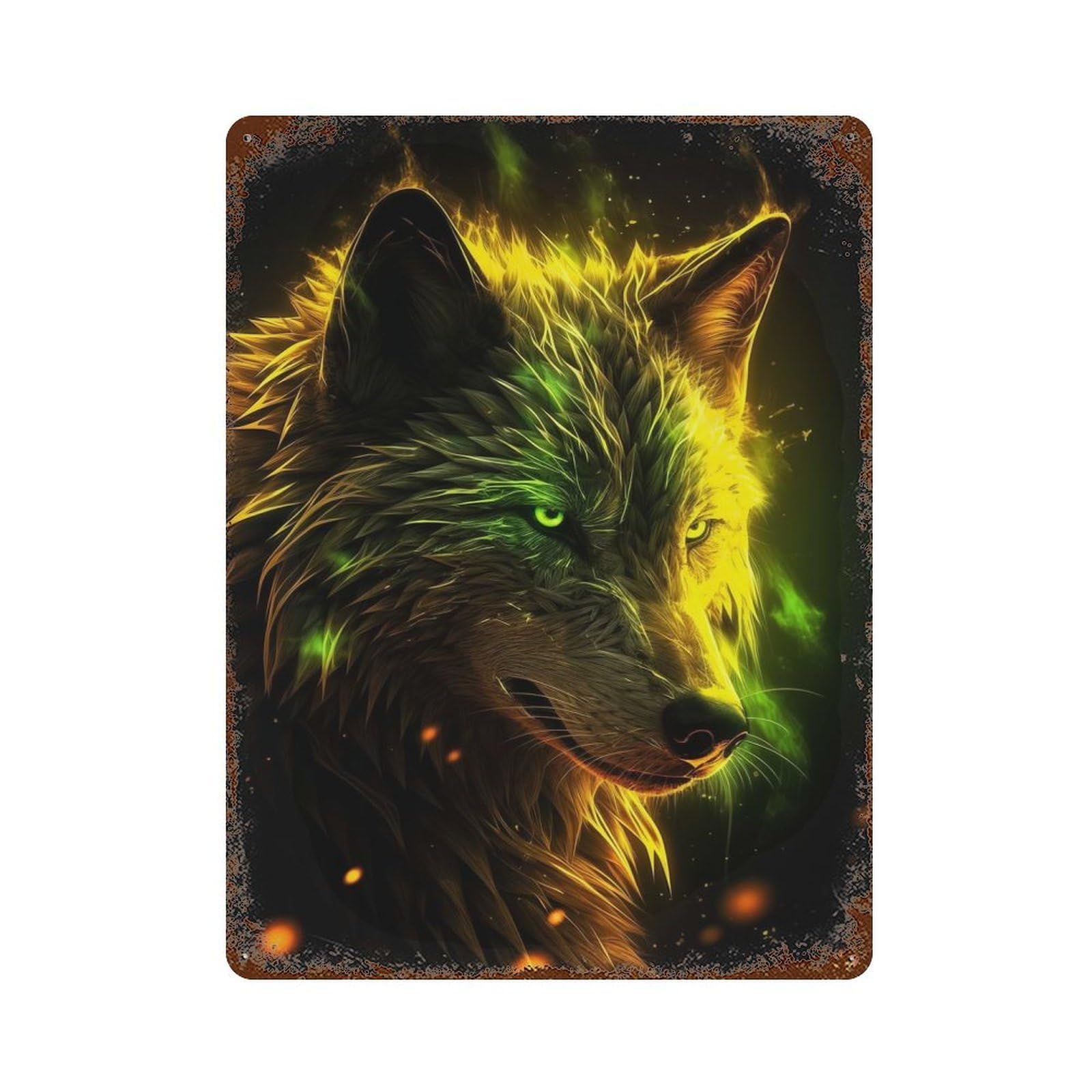 Fierce Wolf And Electric Vintage Wall Sign 15.7"x11.8", Rust Effect Metal Decor for Bistro, Counter And Cafe Decor