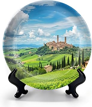 Decorative Plates for Display with Stand San Gimignano Tuscany italian countryside Ceramic Dinner Plates for Wall Hanging Kitchen Hosting Gifts Home Decor 8"