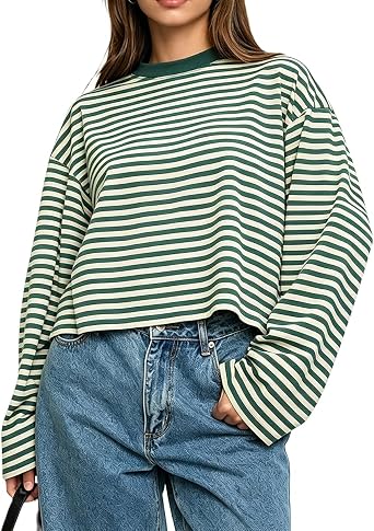 Oversized Striped Long Sleeve Shirt Women Y2K Preppy Crewneck Drop Shoulder Loose Fit Tops Teens Fall Pullover Tees