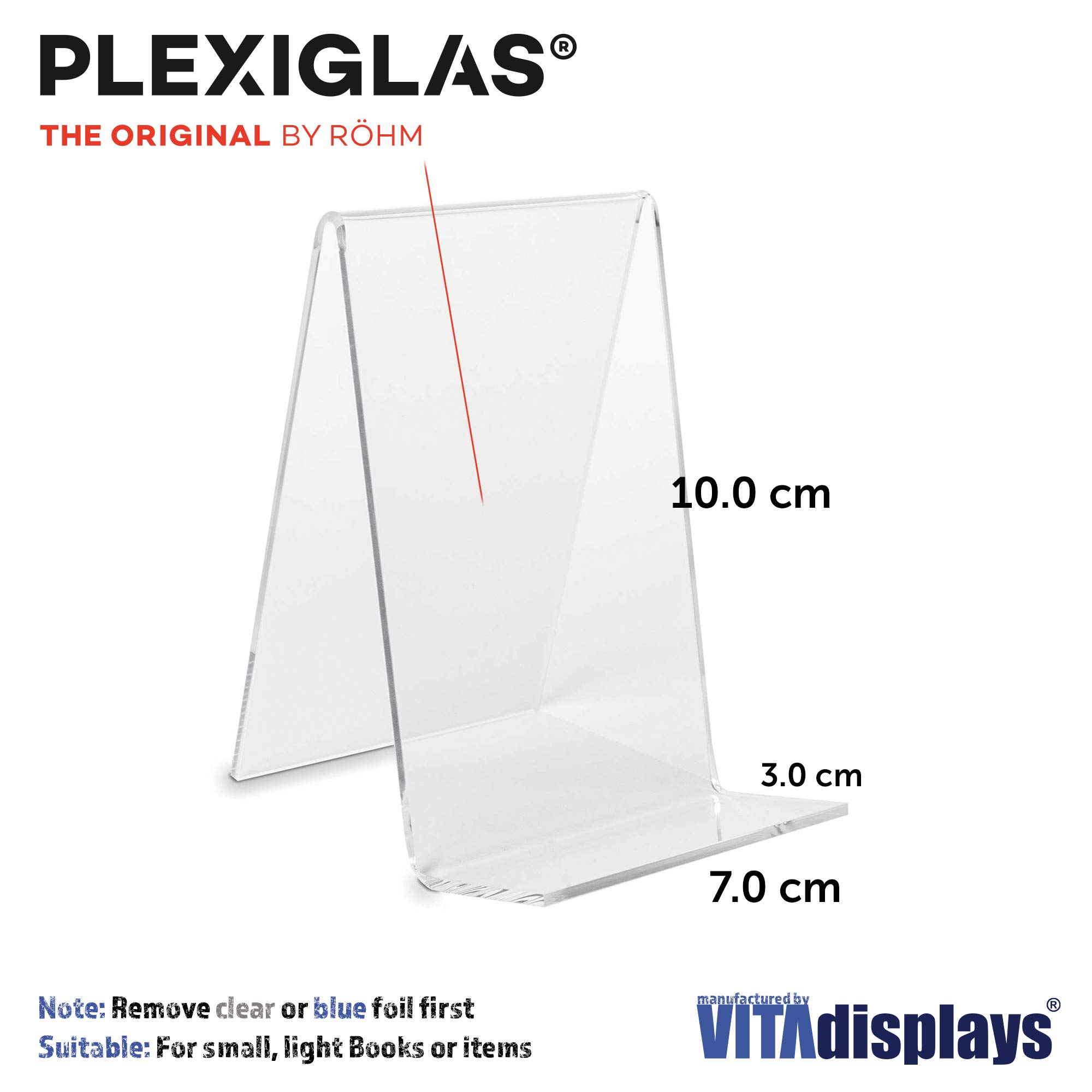 50 Stück Schrägsteller ECO von VITAdisplays, Buchständer, Warenträger als Buchstütze und Aufsteller für kleine Artikel aus original PLEXIGLAS