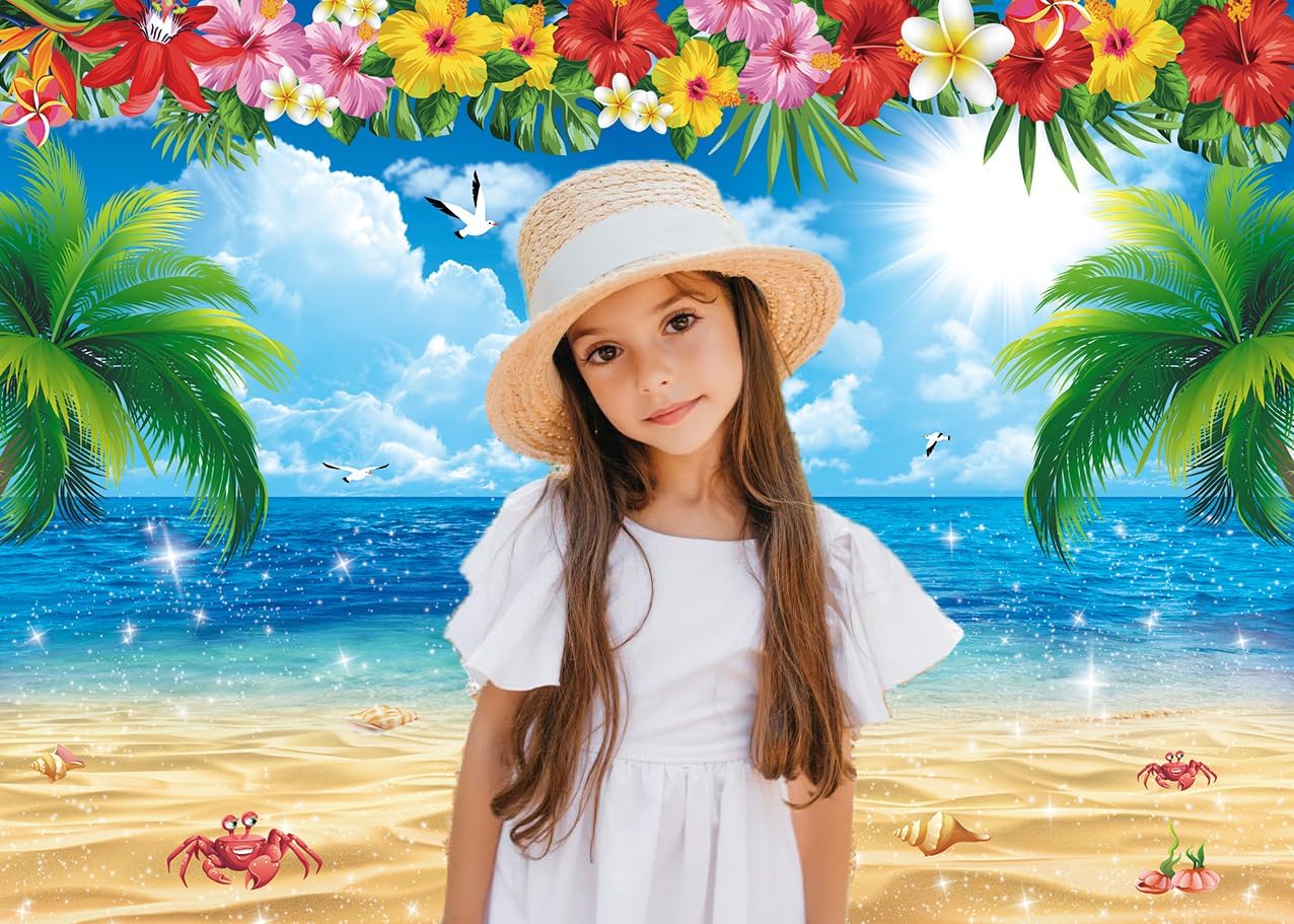 XCKALI Summer Hawaiian Beach Backdrop Tropical Flower Palm Ocean Birthday Luau Party Decoration Summer Beach Children Photography Kids Baby Shower Decoration 10x8FT