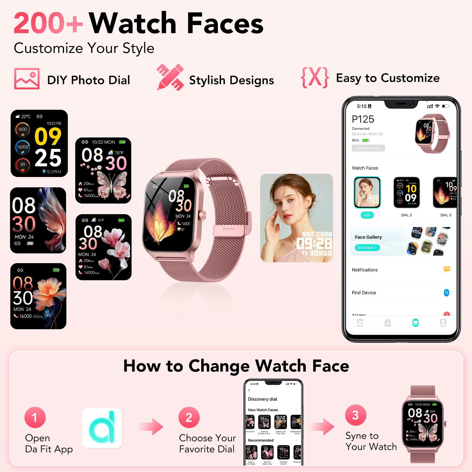 CASCHO Smartwatch Donna,1.85" HD Orologio Smartwatch con Chiamate Bluetooth e Assistente Vocale AI,120+ Sportive con Contapassi/Sonno/Cardiofrequenzimetro, Smart Watch per iOS Android, 2 Cinturini