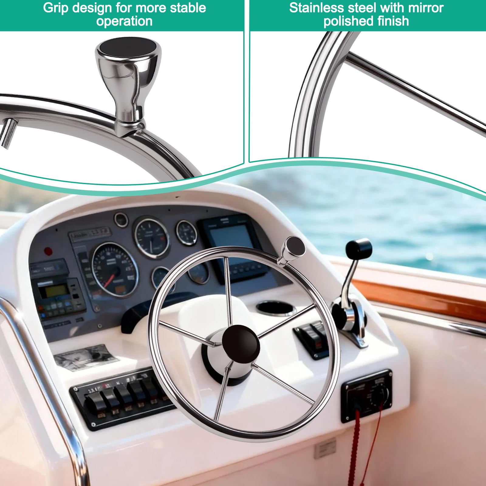 KAOLALI Volante da barca, volante da Yacht in Acciaio Inox a 5 Raggi da 13,5 pollici con Pulsante, Universale Accessori da Barca per Pilotaggio Pontone Barca Yacht