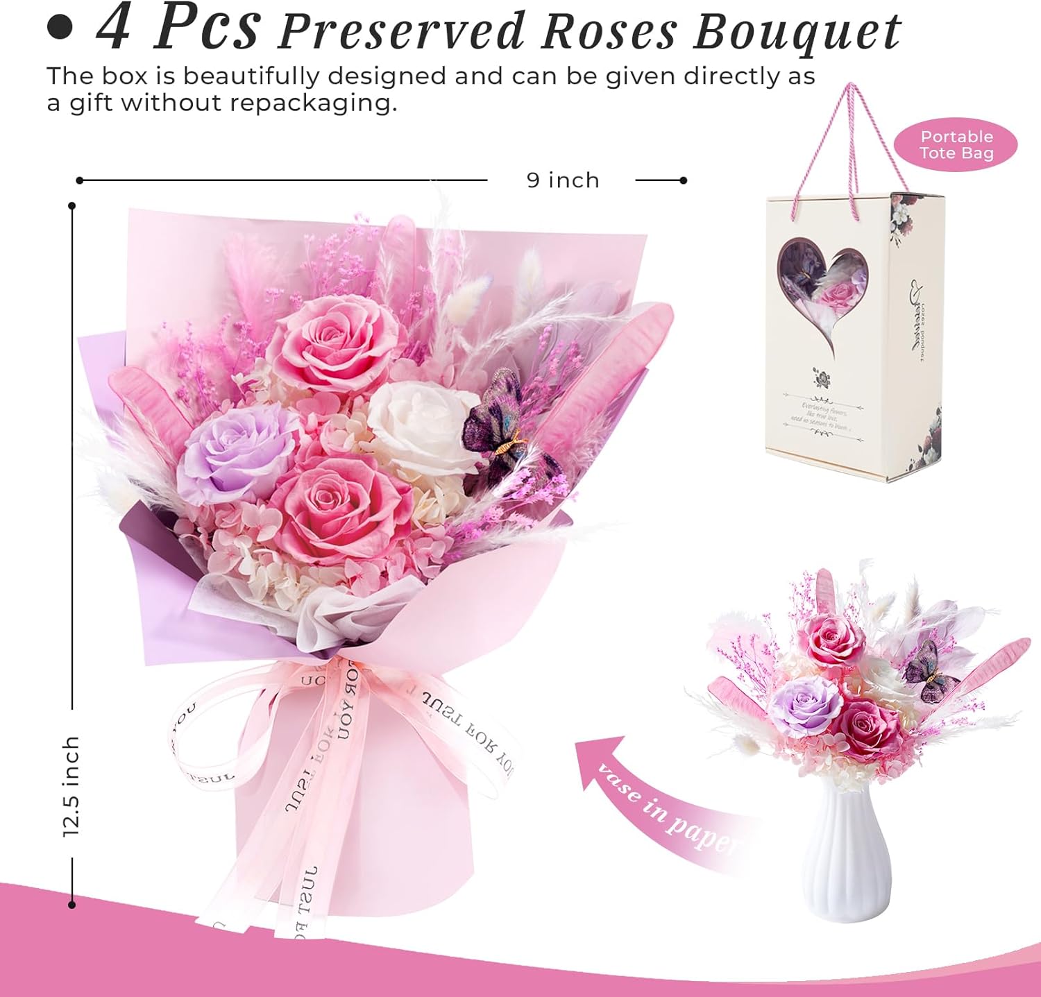 Preserved Flowers for Delivery Prime Pink Flowers Bouquet Lasting 1-3 Years, Birthday Gifts for Women Mom Grandma Wife Friend, Eternal Forever Real Roses for Birthday Mother’s Day Anniversary - Image 2