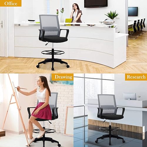 Miniatura 7 de Silla de redacción alta para escritorio de oficina, respaldo medio, altura de barra ajustable, silla de oficina con soporte lumbar y anillo para los