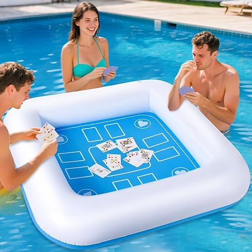 Miniatura 4 de Mesa de juego inflable para piscina con cartas impermeables (35.5 x 35.5 pulgadas, azulblanco)