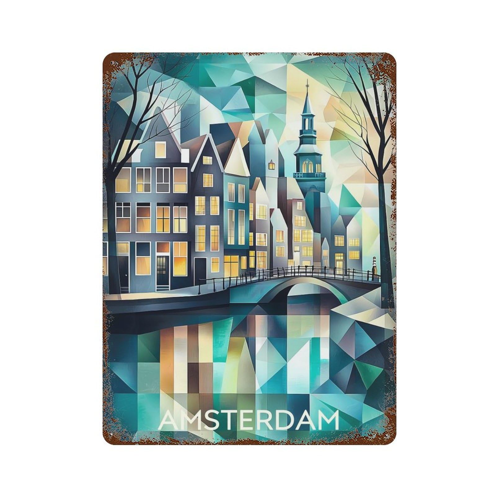 Cubist Amsterdam Skyline with Iconic Canals Weathered Tin Sign 15.7"x11.8", for Basement, Hobby Room And Garage Decor, Rustic Home Decor