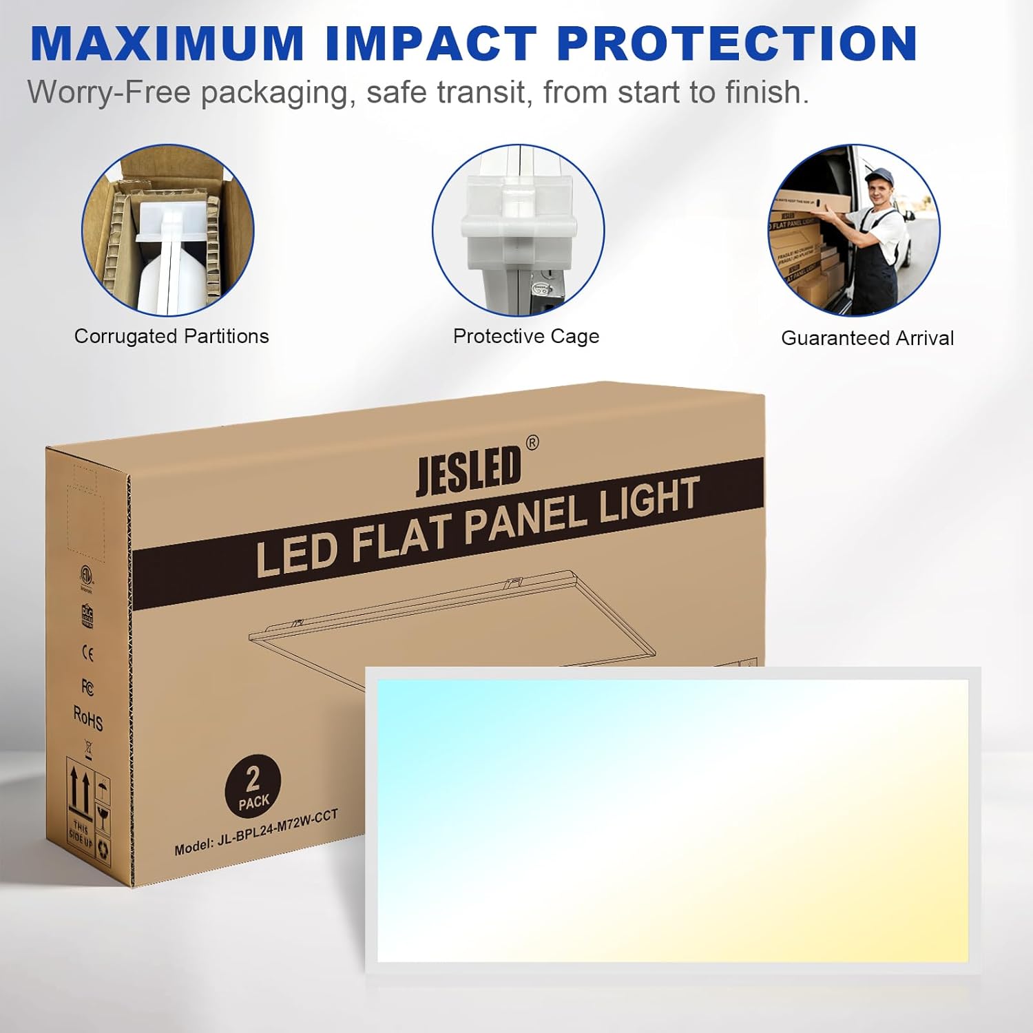 JESLED 2Pack 2x4 led Flat Panel Light, 10800LM, Drop Ceiling Lights Fixture for Office Shop Garage Basement Laundry, 30W/40W/50W/60W/72W Selectable, 5CCT Switchable, 0-10V Dimmable, DLC ETL Listed