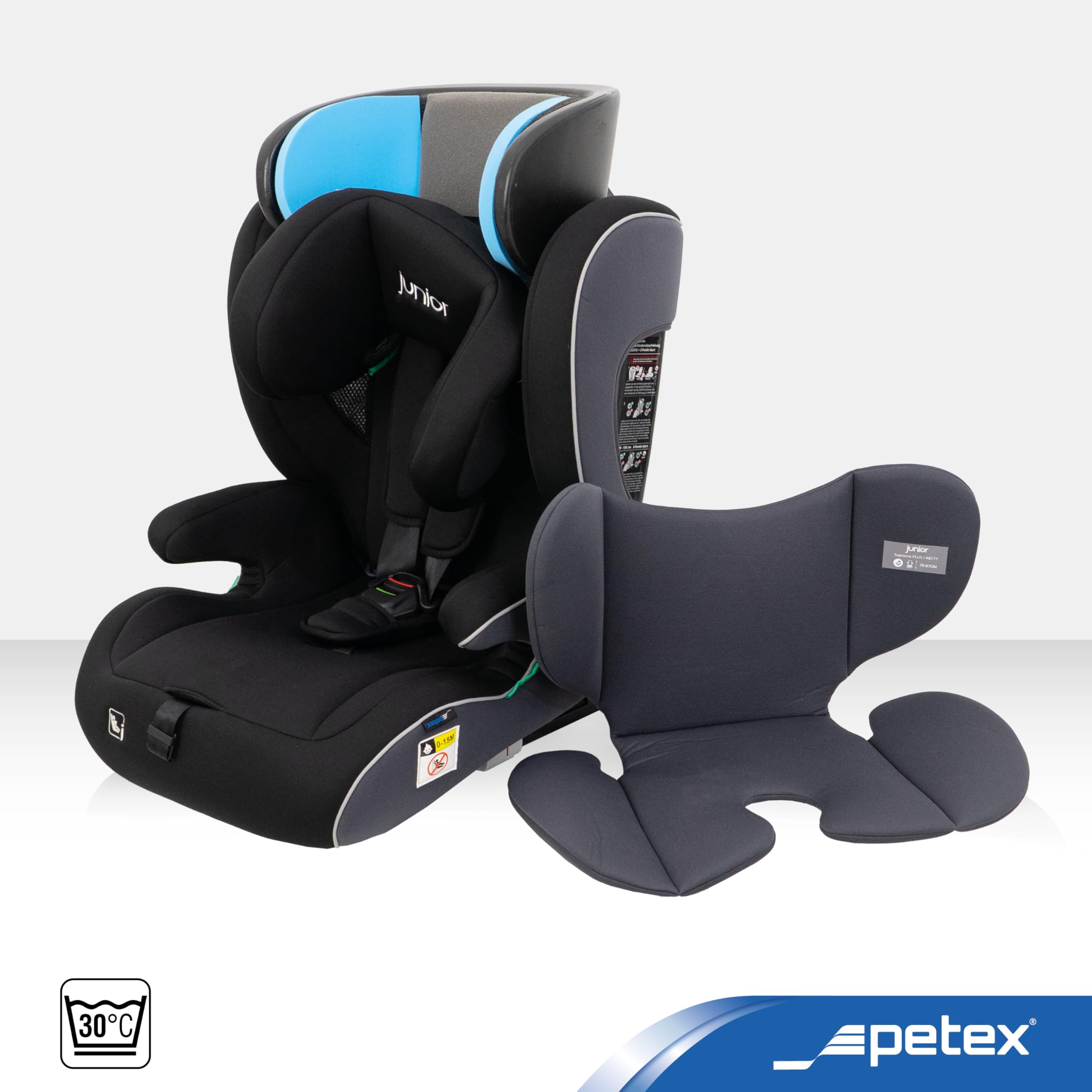 PETEX Fotelik samochodowy dla dzieci z ISOFIX – Supreme Plus i-Size norma ECE R129 dla dzieci w wieku od ok. 76 – 150 cm, fotelik samochodowy z regulacją wysokości w kolorze czarnym, 1 sztuka