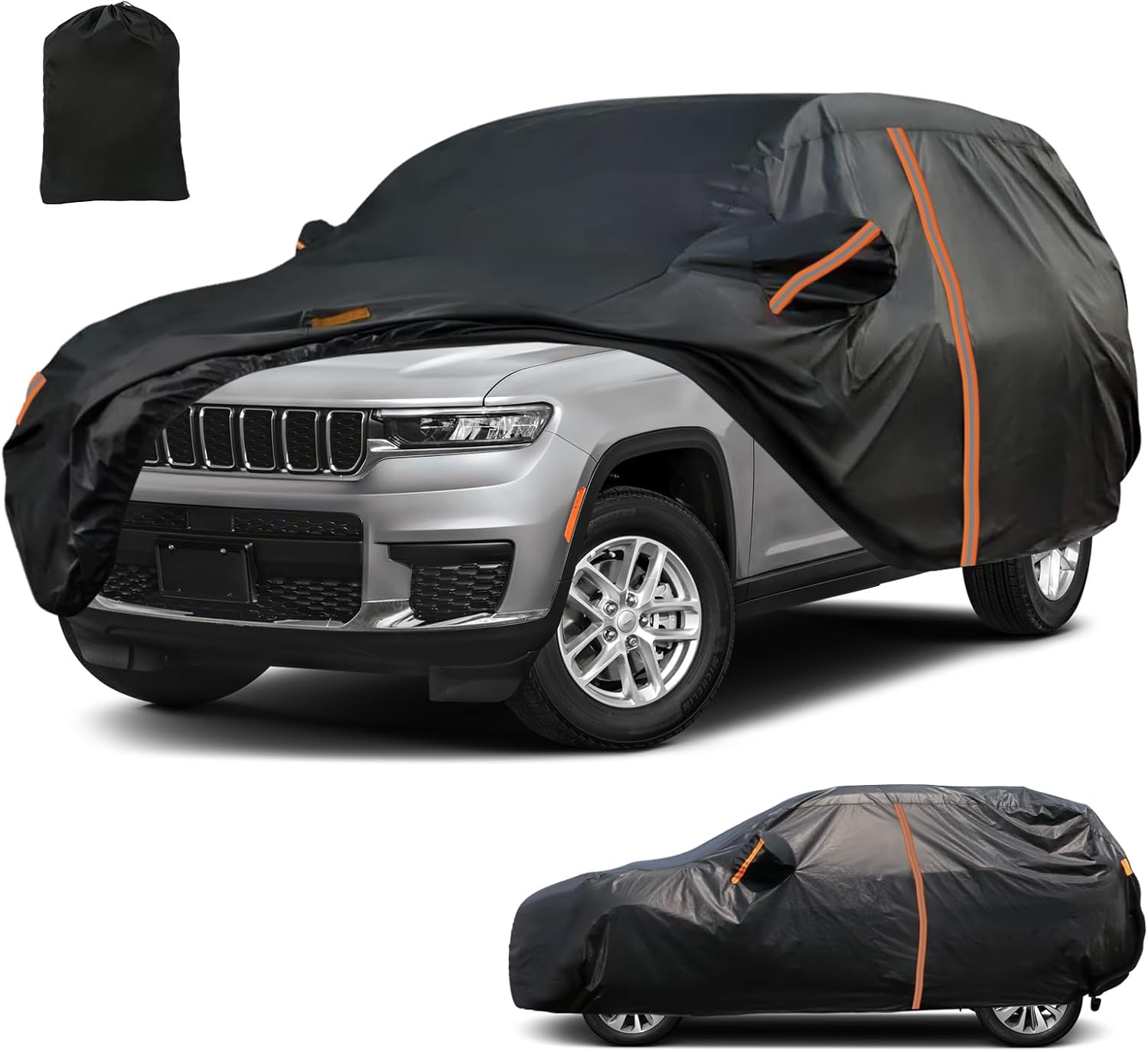 Car Cover for 2021-2025 Jeep Grand Cherokee L, All Weather Outdoor Full SUV Covers with Zipper Door, Windproof Band and Reflective Strip for Snow Rain Dust Sun UV Protection