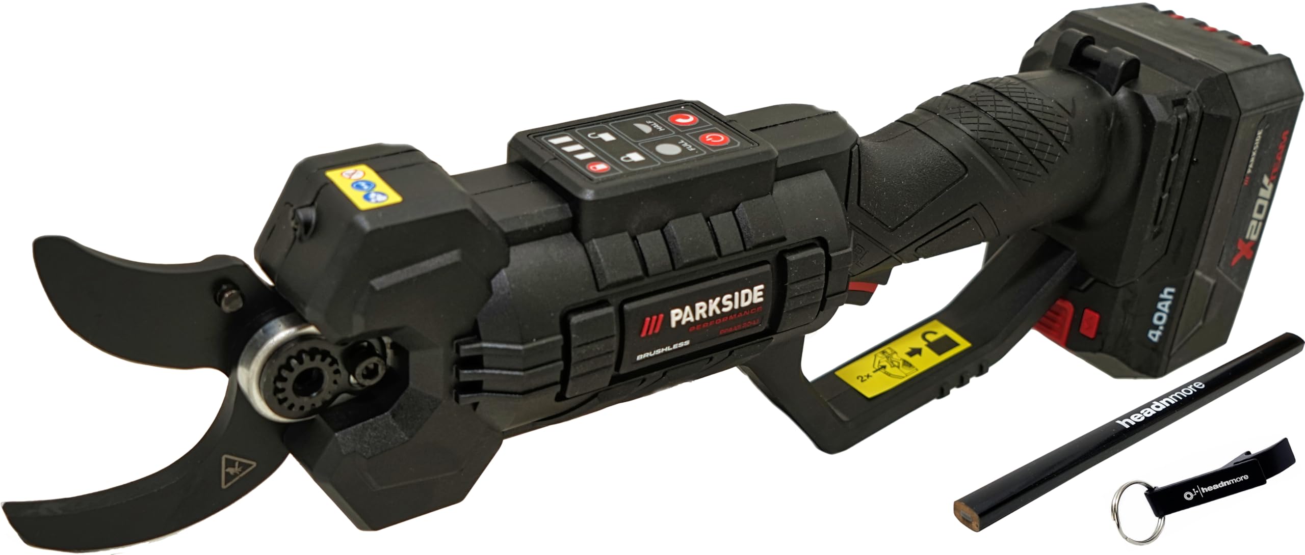 HEADNMORE Oferta para tijeras de podar Parkside Performance PPAAS 20-Li – Incluye batería de 4 Ah + cargador de 2,4 A en maletín + llavero HEADNMORE y lápiz de carpintero