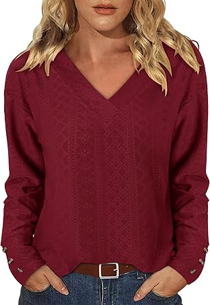 KISSMODA Long Sleeve Fall Shirts For Women V Neck Tunic Tops Embroidered Button Down Knitted Blouses 2025