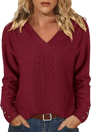 KISSMODA Long Sleeve Fall Shirts For Women V Neck Tunic Tops Embroidered Button Down Knitted Blouses 2025