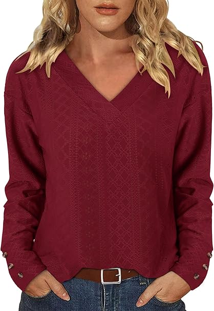 KISSMODA Long Sleeve Fall Shirts For Women V Neck Tunic Tops Embroidered Button Down Knitted Blouses 2025