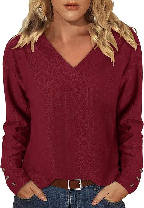 KISSMODA Long Sleeve Fall Shirts For Women V Neck Tunic Tops Embroidered Button Down Knitted Blouses 2025