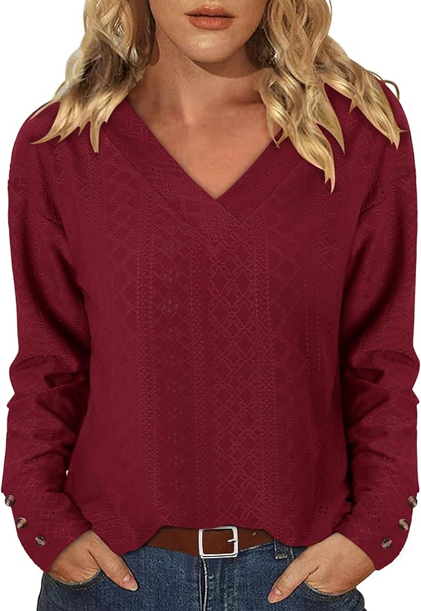 KISSMODA Long Sleeve Fall Shirts For Women V Neck Tunic Tops Embroidered Button Down Knitted Blouses 2025