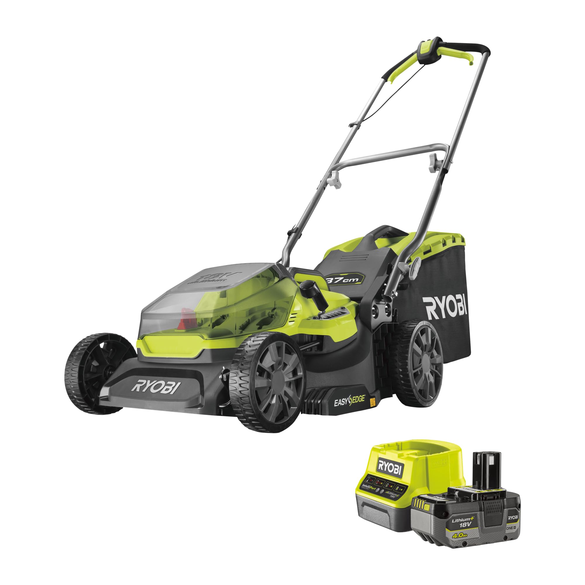 Ryobi RY18LM37A‑140 Tagliaerba Brushless a Batteria 18 V ONE+, Larghezza 37 cm, 6 Livelli Altezza, EasyEdge™, Sacco 45 L, Batteria 4 Ah e Caricabatterie Inclusi