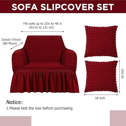 Miniatura 2 de Juego de 1 funda para sofá y 2 fundas para sofá con falda, duradero, lavable, de alta elasticidad, protector de muebles (rojo vino, S)