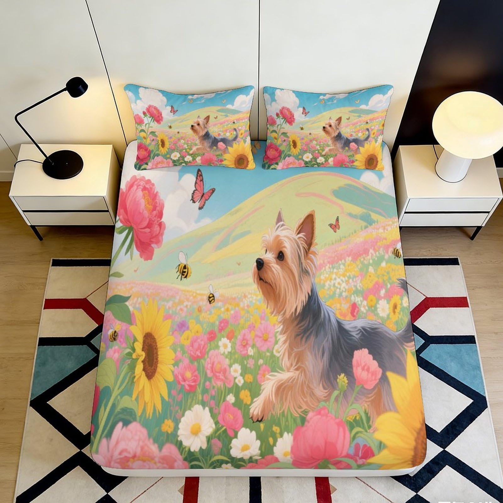 3D Printed Yorkshire Terrier Floral Fitted Sheet Microfiber Soft Mattress Cover for Bedroom Guest Room Decor 90x200x25cm