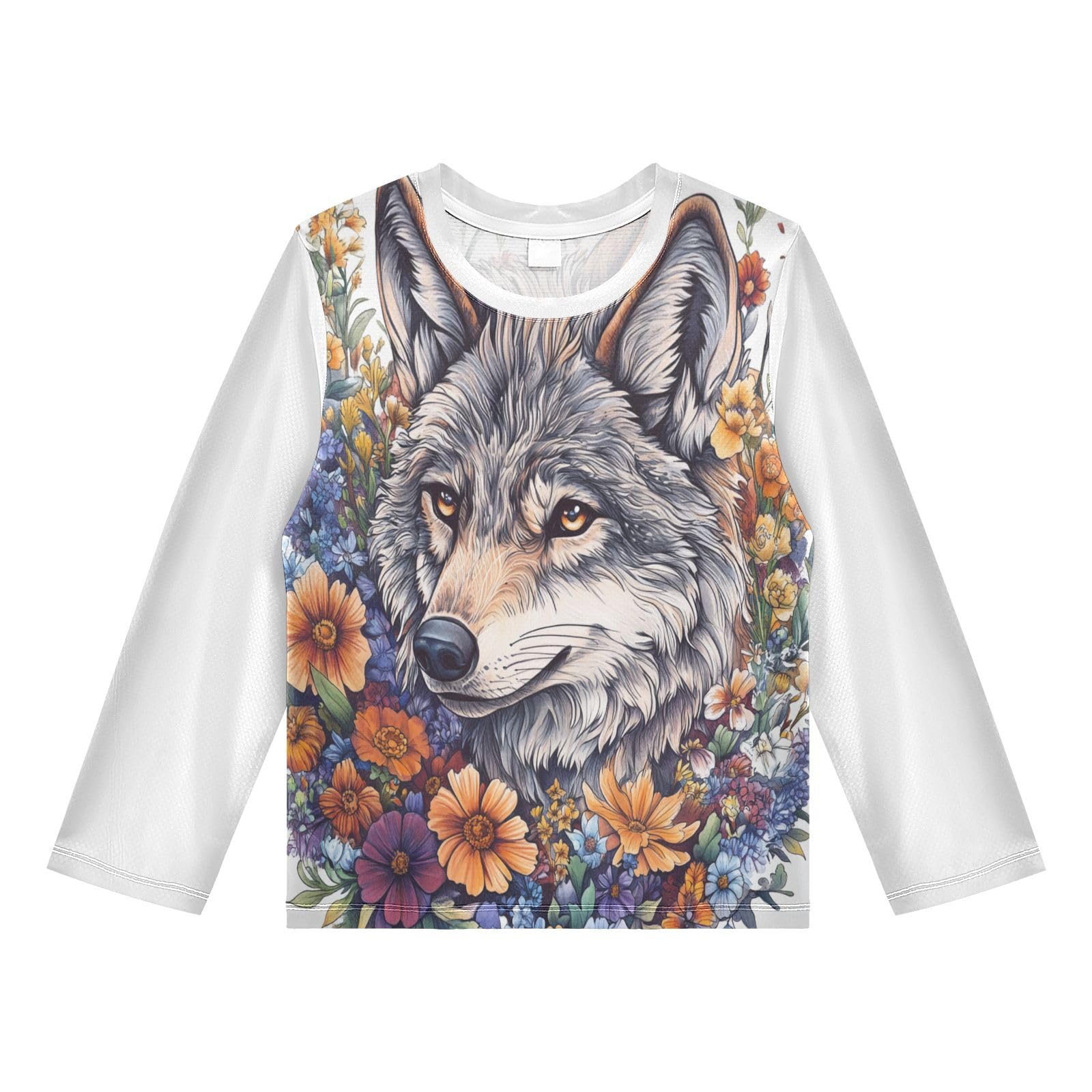 Floral Wolf White Boy's Rash Guard Swim Shirt Long Sleeve Sun Shirt for Toddler Kid UPF50+ 4T