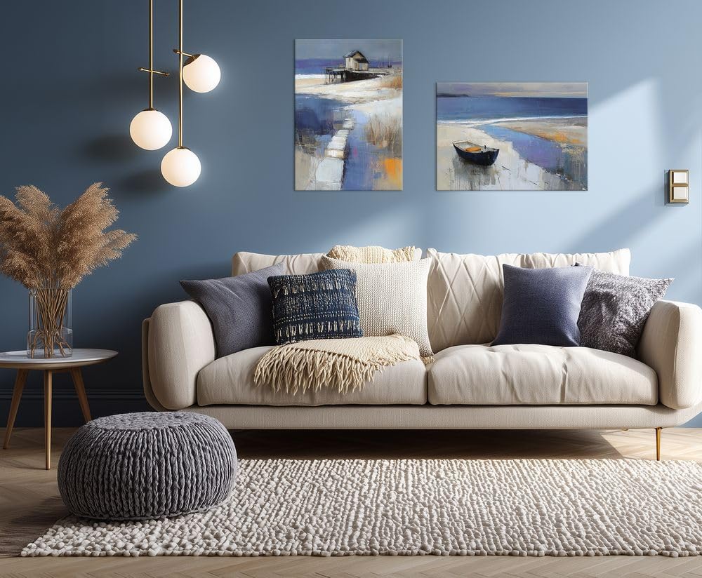 artissimo Leinwandbild Bild 50x70 cm Hochformat AG5688 – abstrakte Malerei Meer mit Strandhaus, moderne Kunst auf Leinwand, maritime Wanddeko