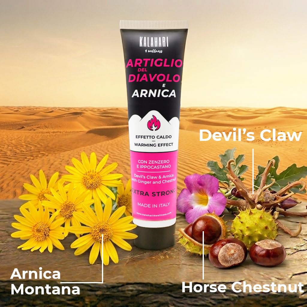 KALAHARI Diabelski Pazur i Arnika Gel Extreme - Ekstra Mocny - Efekt Rozgrzewający do masażu Mięśni i Stawów, regeneracja Mięśni, Mobilność, bólu Pleców, Szyi - Naturalna Formuła, Made in Italy 100ml