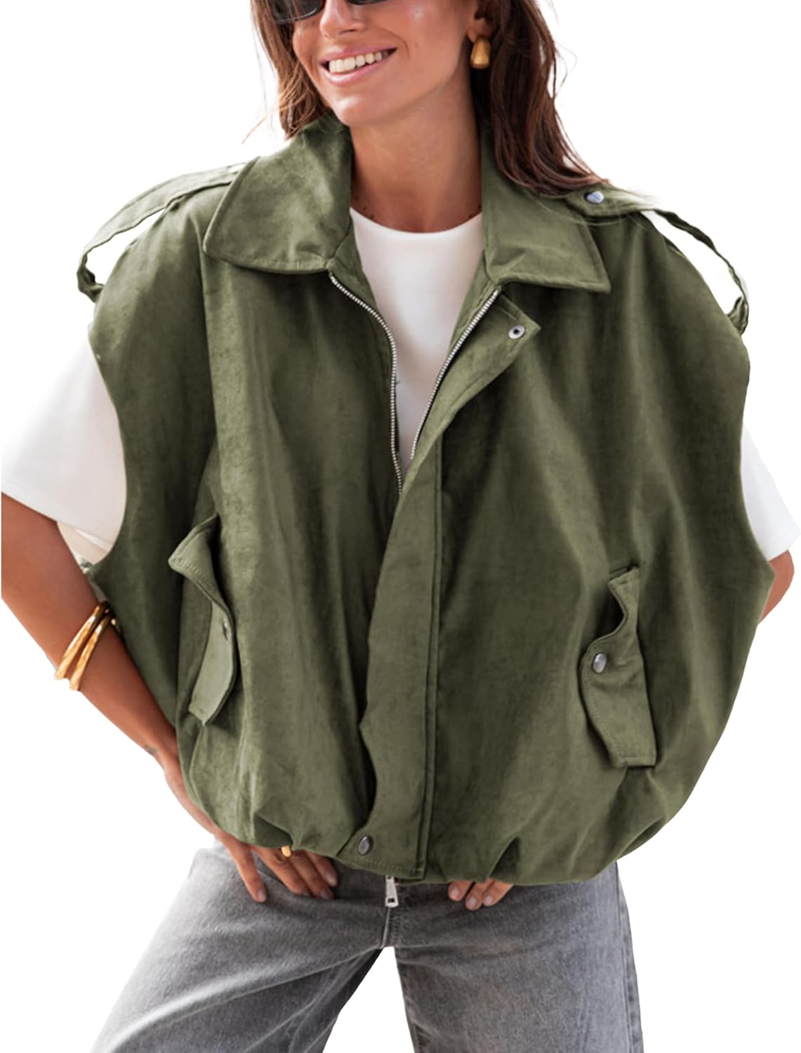 Women's Faux Suede Bomber Vest Casual Oversized Sleeveless Jacket Fall Spring Lapel Coat Trendy Streetwear