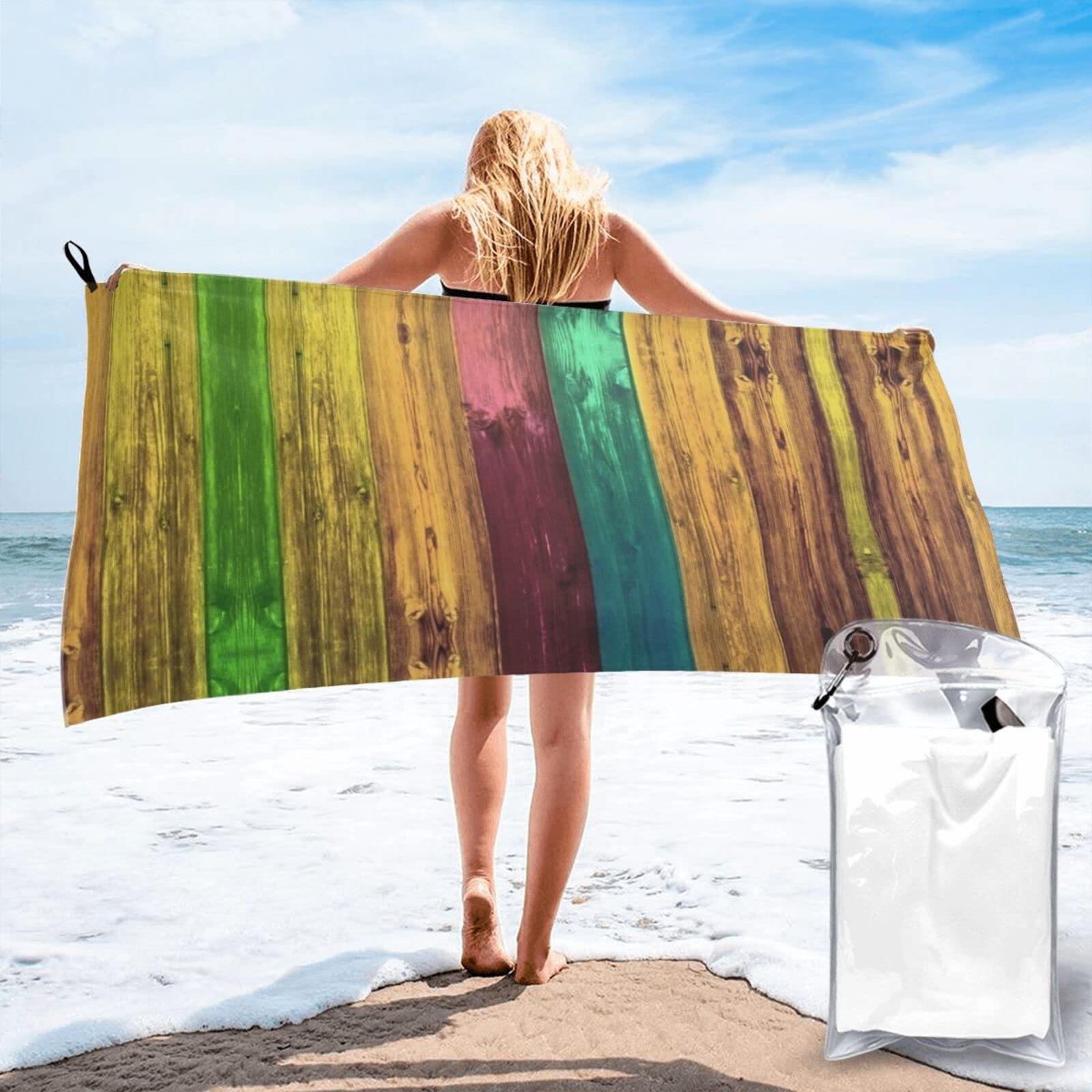 Lawenp Rustic Planks Microfiber Beach Towel Adults Large Quick Drying Bath Towel Travel Towels with Pouch 31.5"x63"