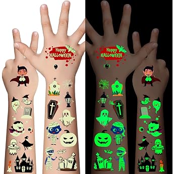 Awinway Luminous Halloween Tattoo Children - 360 Pieces Holiday Temporary Tattoo Stickers for Boys Girls Bulk Halloween Prices Sweet or Sour Party Favour Goody Bag Stuffers 20 Sheets