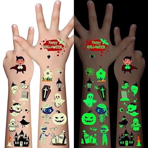 Miniatura 7 de Tatuaje temporal de dibujos animados para niños, 20 hojas de 360 tipos de lindos fantasmas, calabaza, brujas, murciélagos, telaraña, calcomanías de