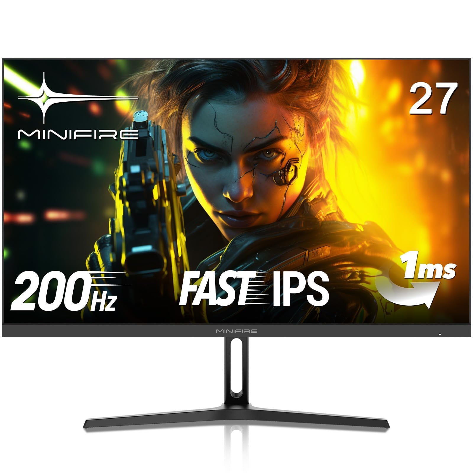 Minifire 27 Zoll FHD 200Hz Gaming Monitor - 1ms mit 1080p Fast IPS Panel | PC Monitor Gaming, AdaptiveSync, HDR 10, Low Blue Light, Fadenkreuz & Blacklevel Adjust | 2 × HDMI 2.0 & DP 1.4 (MFG27F2)