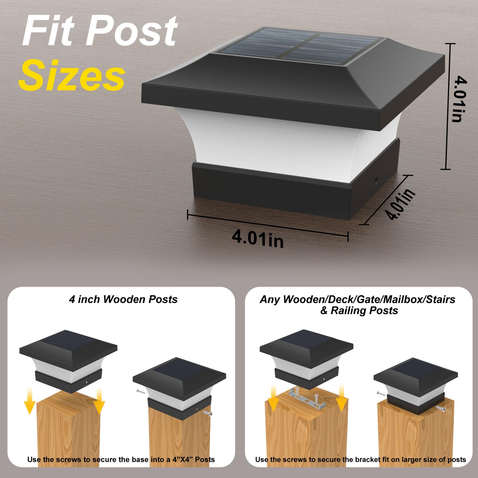 2 Stück Solar Pfostenleuchte 10x10, 3000K Warmweiß Pfostenkappen Solar, IP65 Wasserdichte Pfostenkappe Solar Pfostenlichter für Holzpfosten, Zaun, Garten