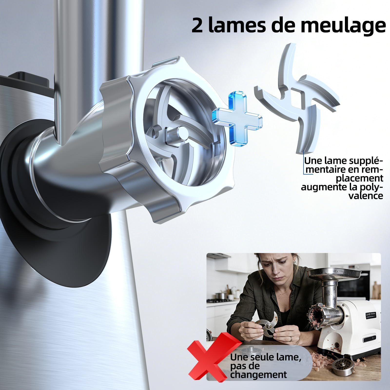 FIMEI Hachoir à Viande Électrique, 4-en-1 avec 3 Grilles, 2 Lames | 3 Embouts à Saucisse, Kit Kibbe, Accessoire à Pâtisserie, Inversion anti-blocage, Base en Acier Inoxydable & Antidérapante
