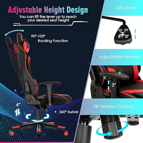 Miniatura 7 de Giantex Silla de juegos con luces LED RGB, silla ergonómica de videojuegos, silla de computadora de cuero de PVC con respaldo alto ajustable con