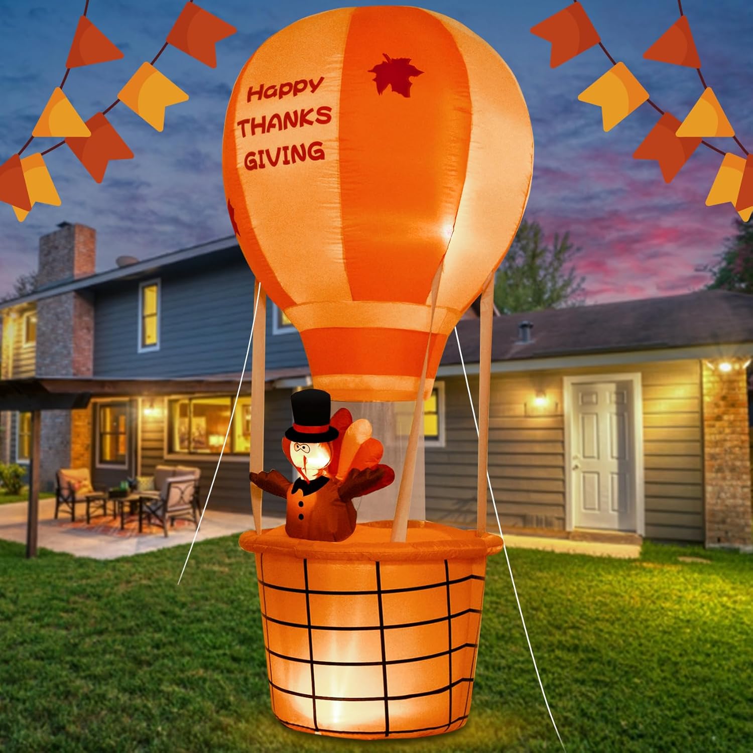 Onory 7FT Thanksgiving Inflatables Outdoor Decoration, Inflatable Hot Air Balloon Thanksgiving Turkey with Built-in LEDs Blow Up Inflatables for Thankgiving Party Outdoor Yard Garden Lawn Décor