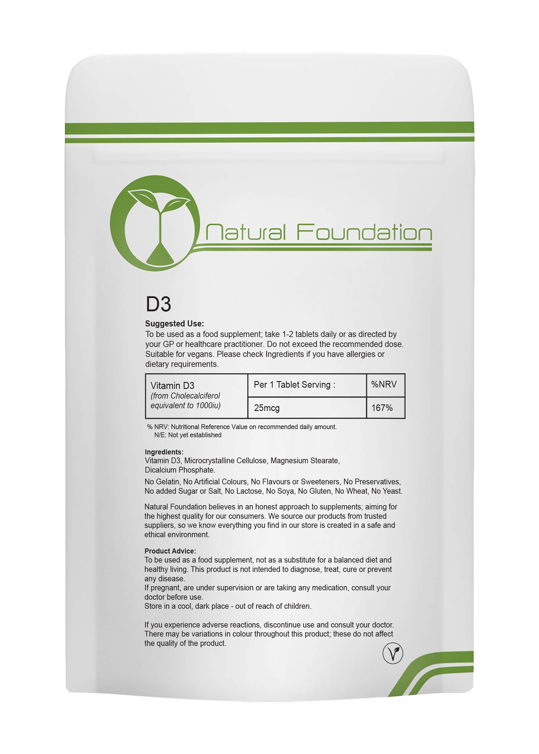 Vitamin D3 Tablets 1000iu Bone Teeth Brain and Nervous System | Natural Foundation Supplements (3 Tablet Sample)