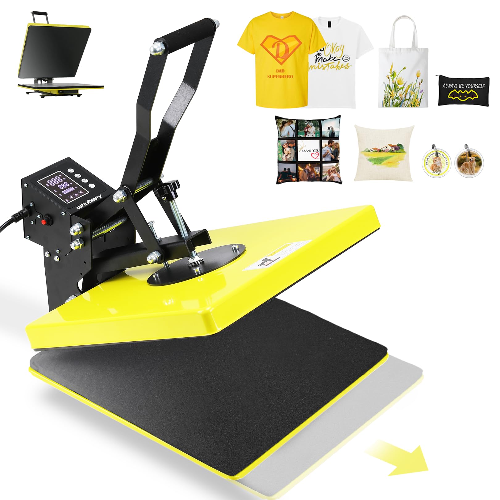 Prensa térmica de sublimación deslizable de 15 x 15 pulgadas con 3 modos preestablecidos, prensa térmica tipo concha para camisetas, bolsos y almohadas, color amarillo