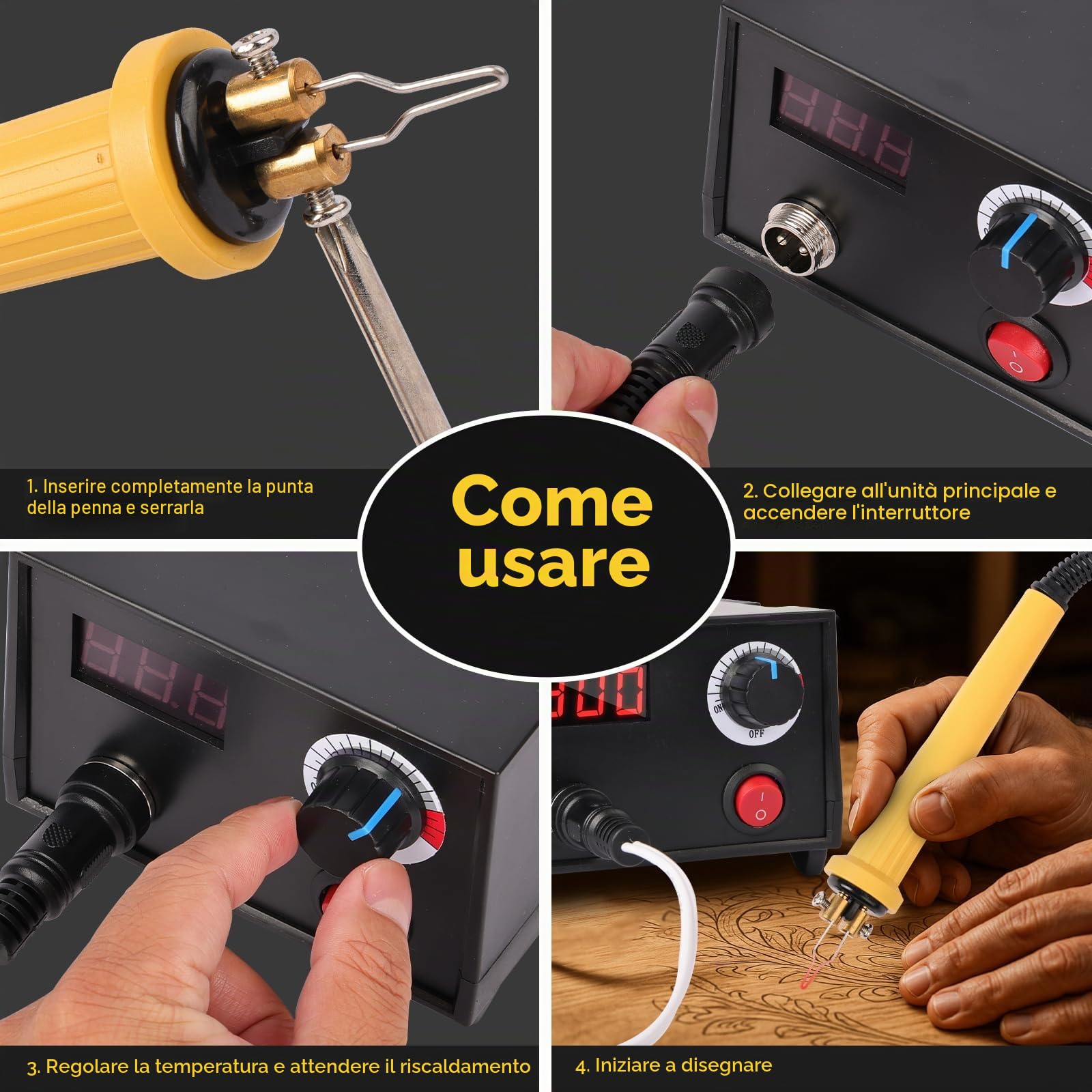 Set Pirografo per Legno professionale con Display LCD,20 Punte Incluse, Temperatura Regolabile 250–750°C, Ideale per Legno, Pelle, Zucca e Sughero