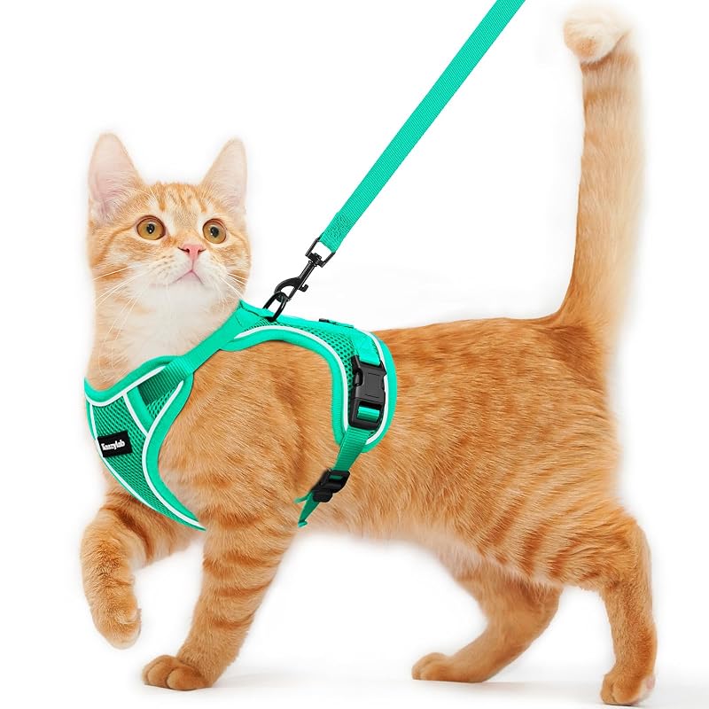 Peitoral com Guia para Gatos em Malha Ajustável Kaazylab Emerald, Tamanho S (3,18–5,44 kg)