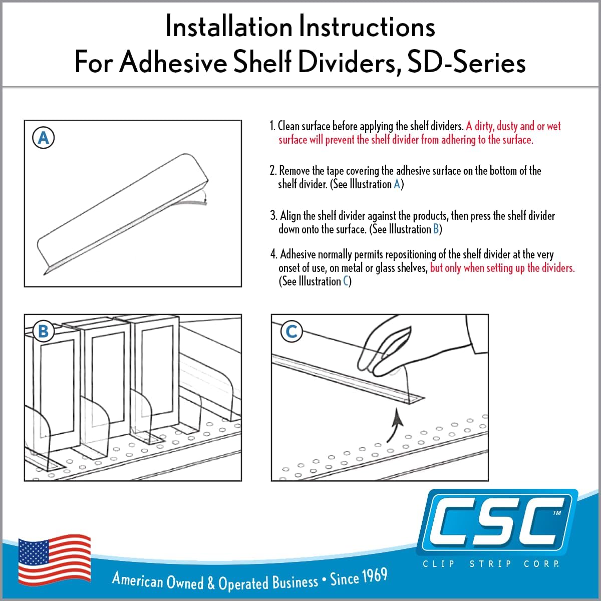 Clip Strip 50 Pack Shelf Dividers for Retail Stores - Adhesive Mount 1" H x 17-9/16" L Corp., 15 mil Crystal Clear PVC, Retail Shelf Separator, SD-1518