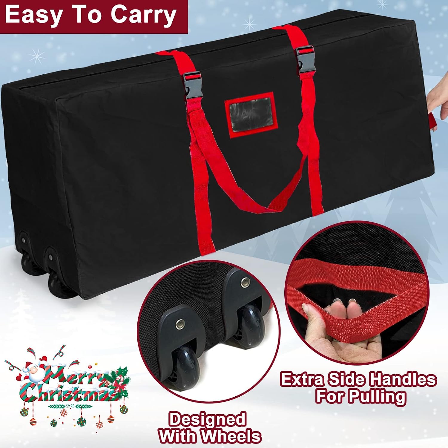 [ Extra Large & 2 Wheels ] Rolling Christmas Tree Storage Bag Fits 9 Ft Disassembled Tree, 65x30x15 Inch Waterproof Holiday Christmas Storage Container Case Buckle Straps Card Slot Dual Zipper (Black)