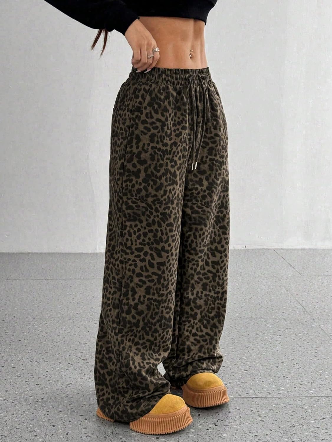 Womens Leopard Baggy Wide Leg Sweatpants Drawstring Elastic High Waisted Cheetah Print Lounge Barrel Trousers Pockets - Image 3
