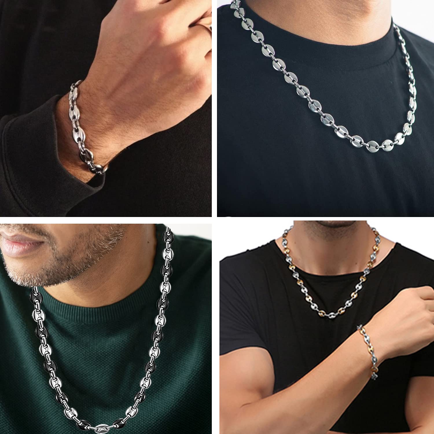 AURSTORE Ensemble, Parure Chaine 56cm et Bracelet 21cm en graine de café en Acier Inoxydable Homme (Argent, 11)