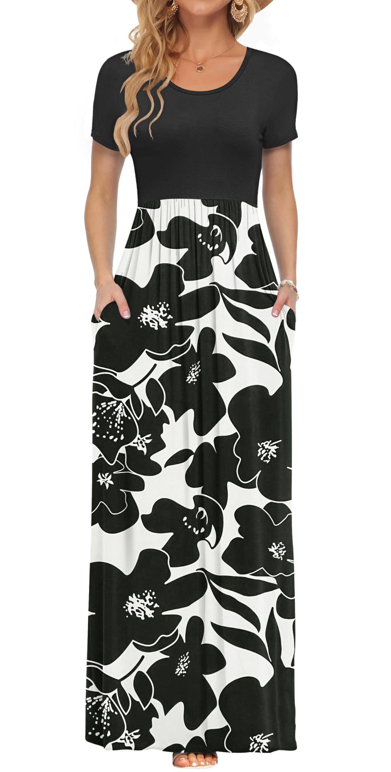 AUSELILY Women's Summer Short Sleeve Loose Plain Casual Long Maxi Dresses | Year Round wear solid floral print, Casual wear, Empire waist, Floor length, Side pockets