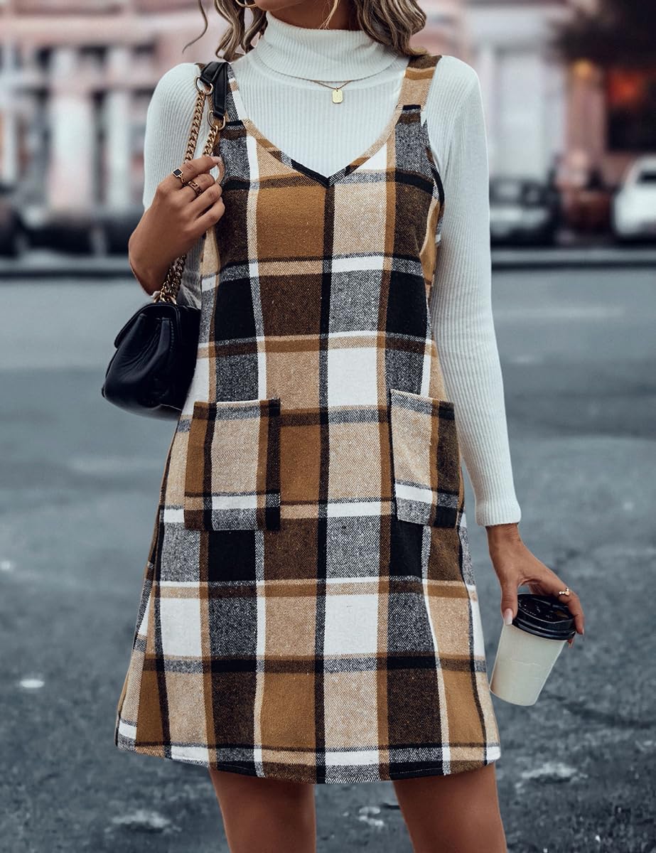 IDEALSANXUN Plaid Overall Dress for Women Fall Winter Sleeveless Plaid Dresses with Pockets - Image 3