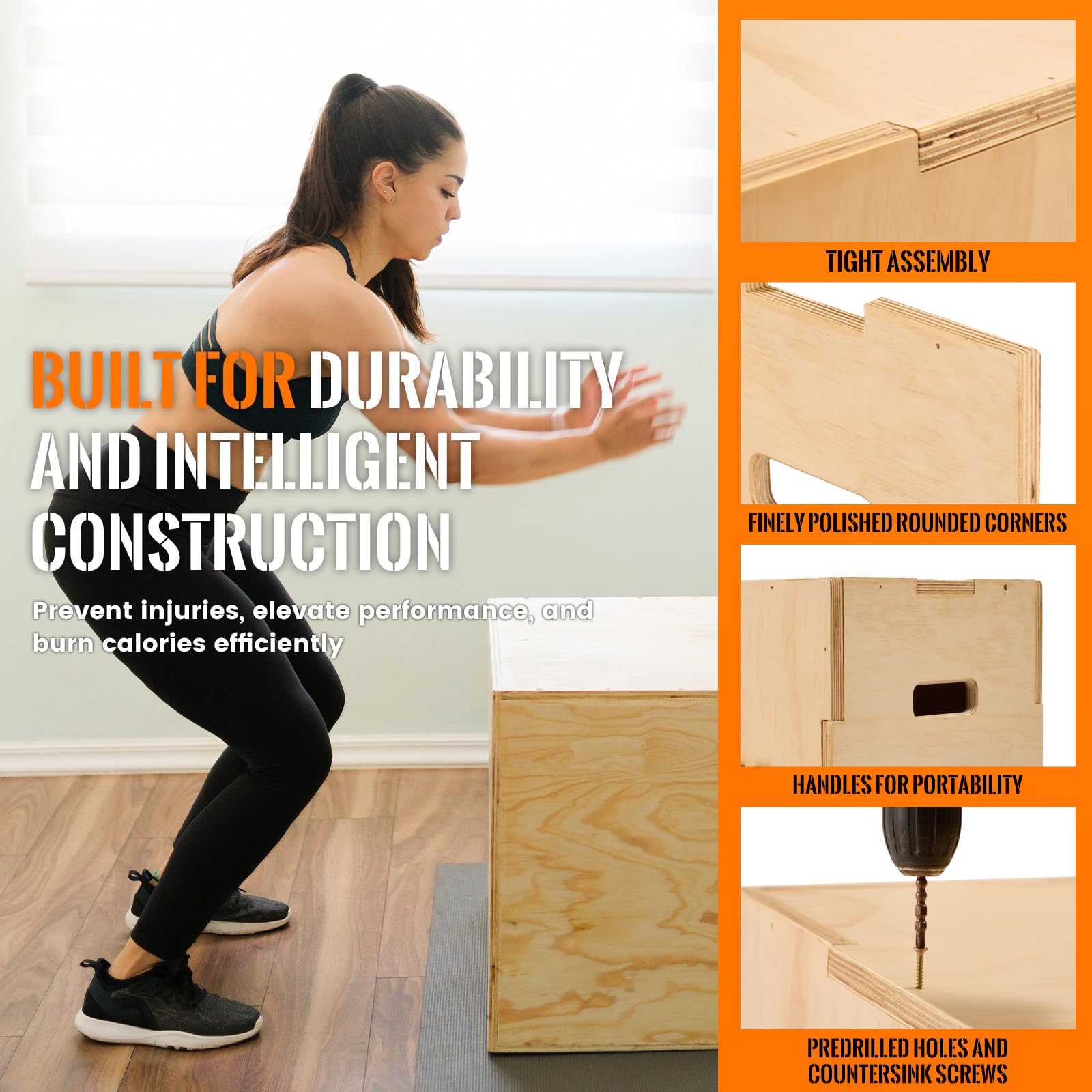 CAELUM Caja pliométrica de madera 3 en 1 – Caja de salto pliométrica antideslizante para el hogar y el gimnasio, caja de lanzamiento de fitness con rodamientos de 400 libras para saltar, sentadillas