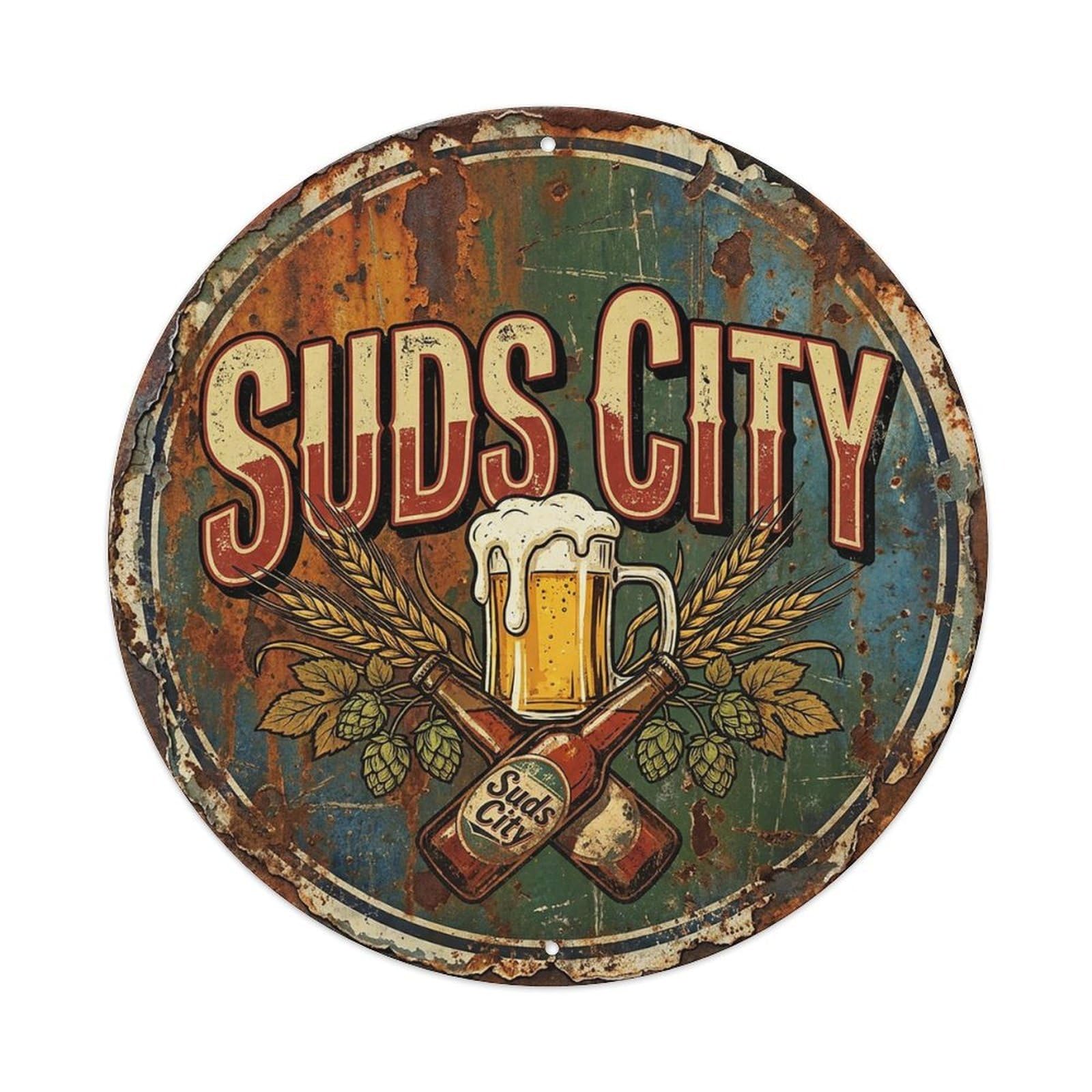 Vintage Beer Cheers Suds City Retro Bar for Pub Vintage Metal Tin Sign Plaque Wall Decor for Cafe, Club Bar, Office, Garden Metal Poster 8x8Inch