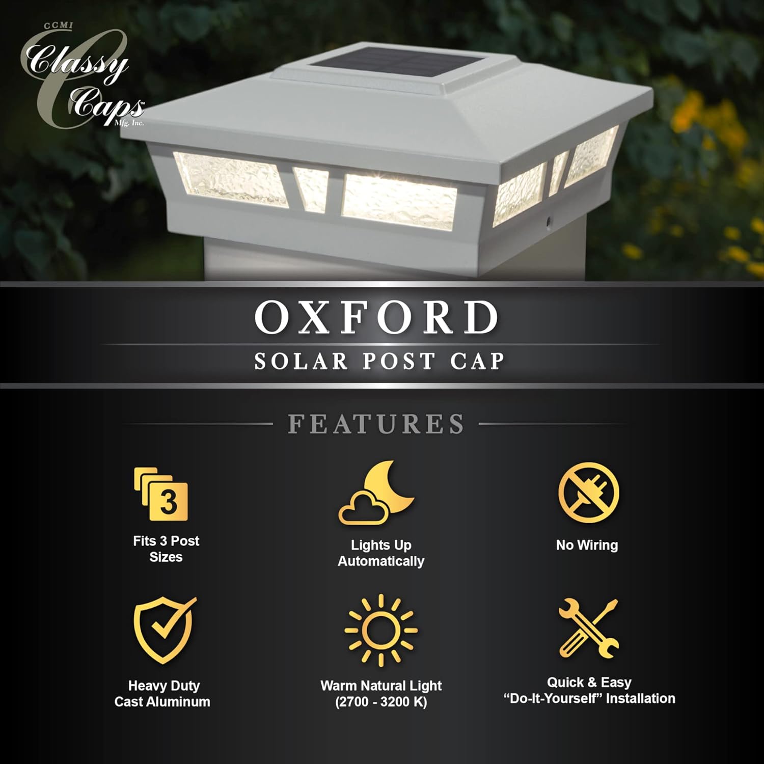 Classy Caps SLX772C 6x6 Brown Aluminum Oxford Solar Post Cap – High-Performance Solar Lighting, 2 LEDs, Durable Cast Aluminum, Decorative Glass Lens, Easy DIY, Fits 6"x6", 5.5"x5.5", 5"x5"